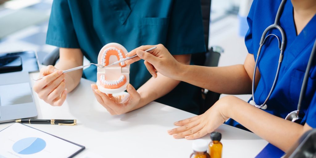 Dentista explicando a una paciente un modelo de dentadura con un puntero