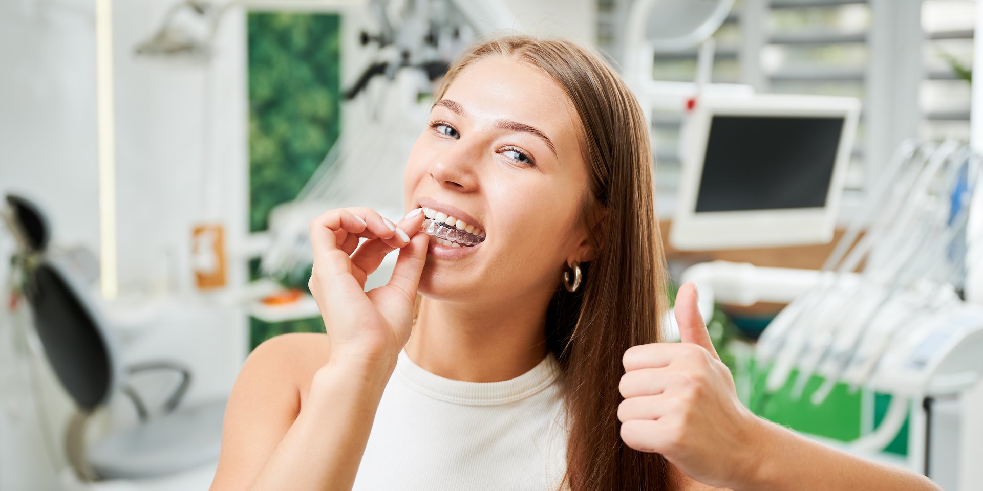 Mujer con brackets colocándose una funda transparente sobre los dientes en la consulta dental